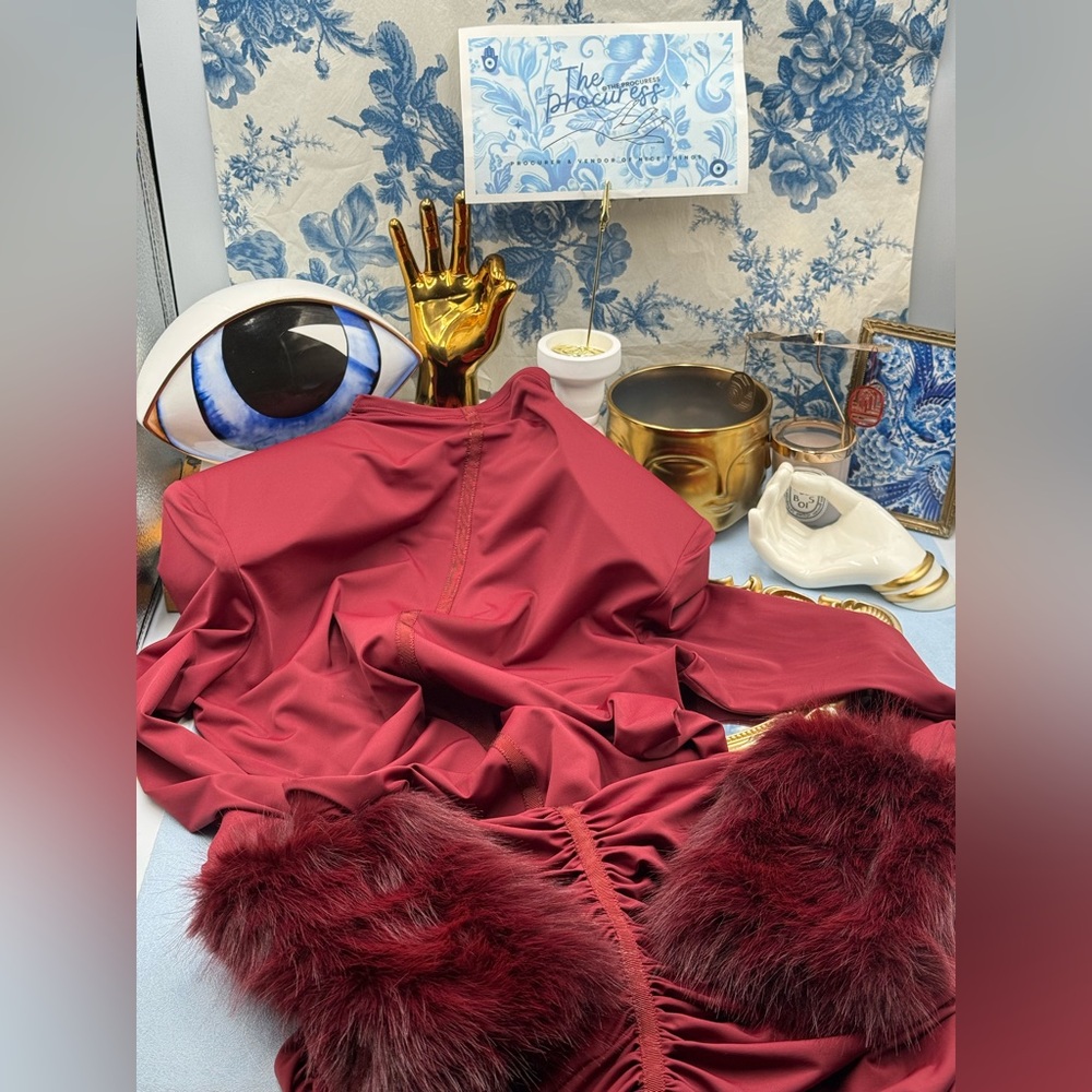 🆕 BRONX & BANCO 🧿 NWOT Eleanor Burgundy Fur Trimmed Mini Dress, Sz L US 8 - Picture 14 of 17